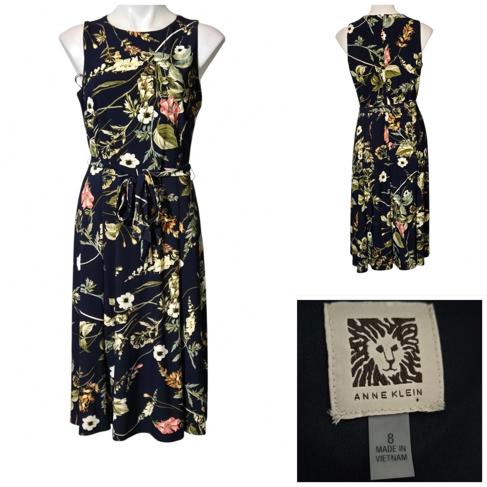 Anne Klein Navy Blue Floral Sleeveless Belted Midi Dress Size 8